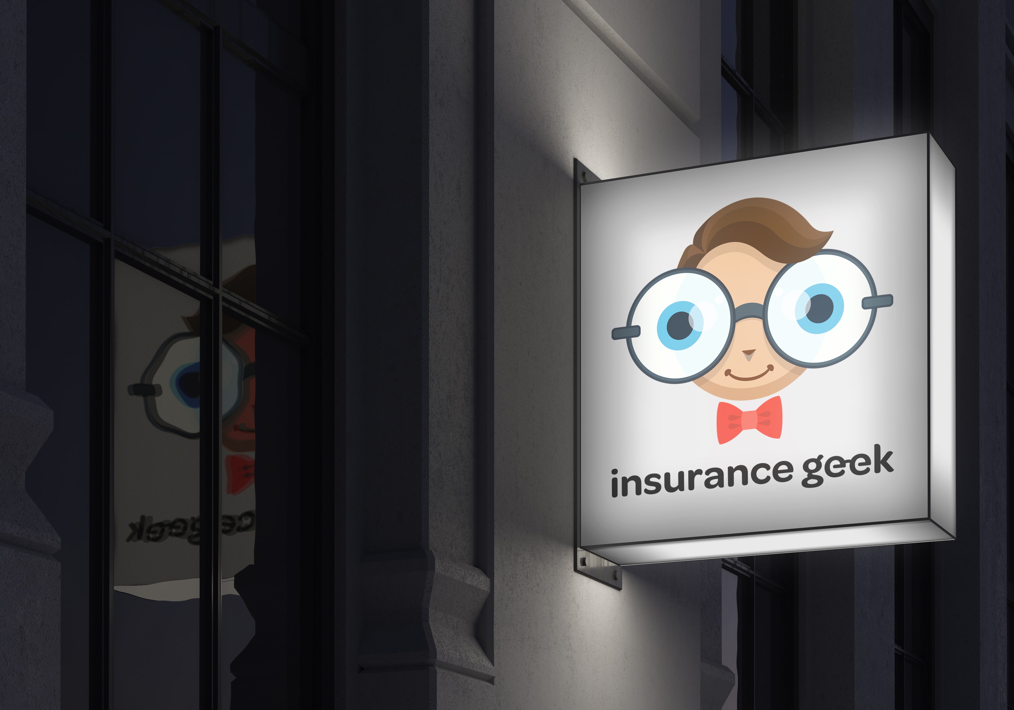Insurance Geek illuminated sign with mascot and brand logo