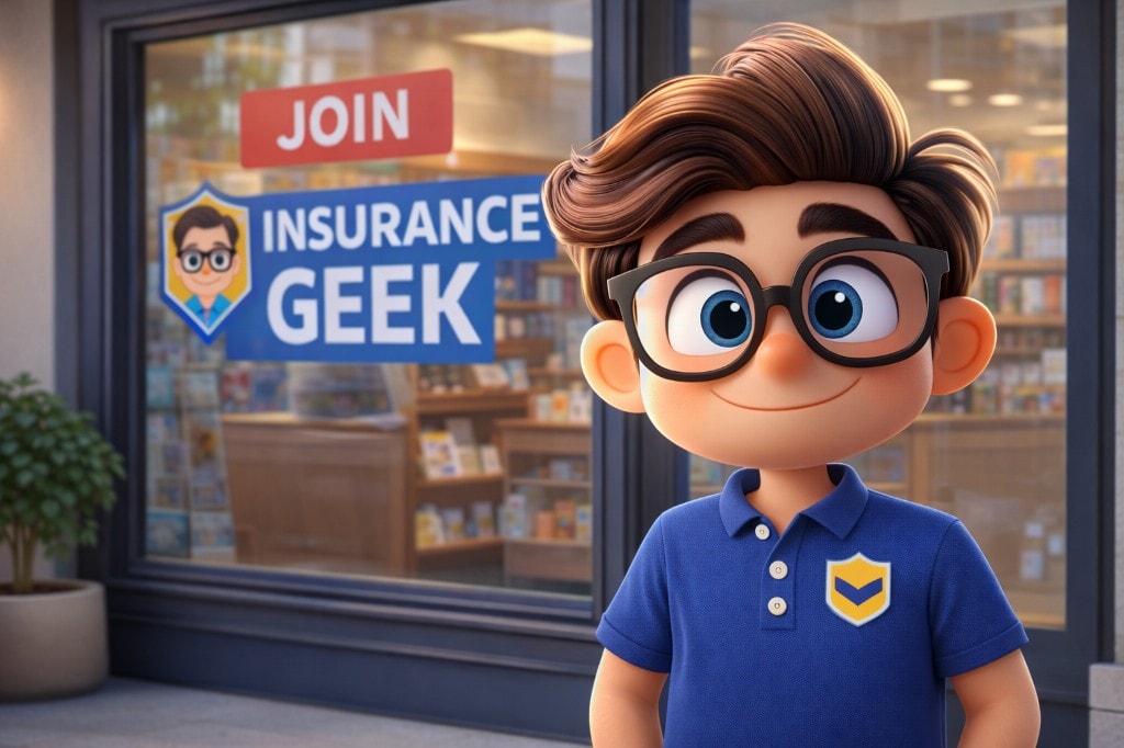 Join Insurance Geek: mascot at storefront window with JOIN and Insurance Geek signage
