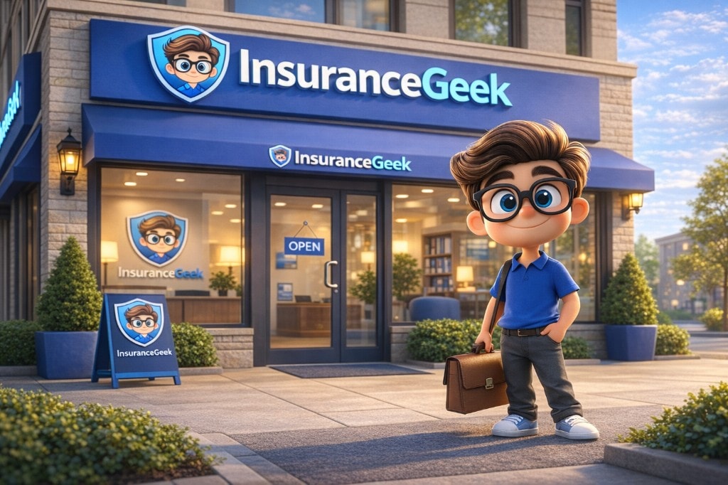 Insurance Geek mascot with briefcase in front of the full Insurance Geek storefront