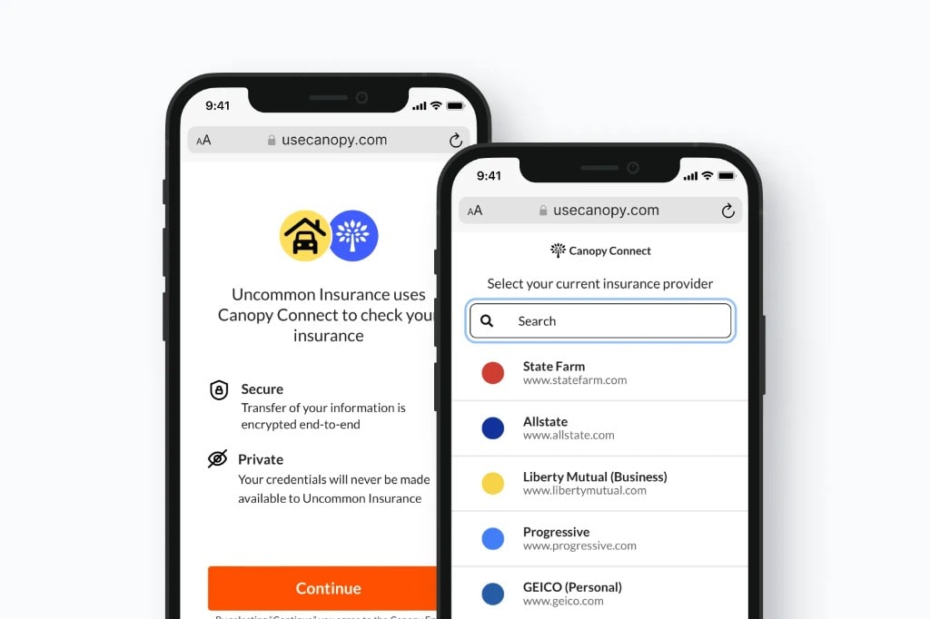 Phones showing a secure flow to connect your insurance account and share policy details with Insurance Geek.